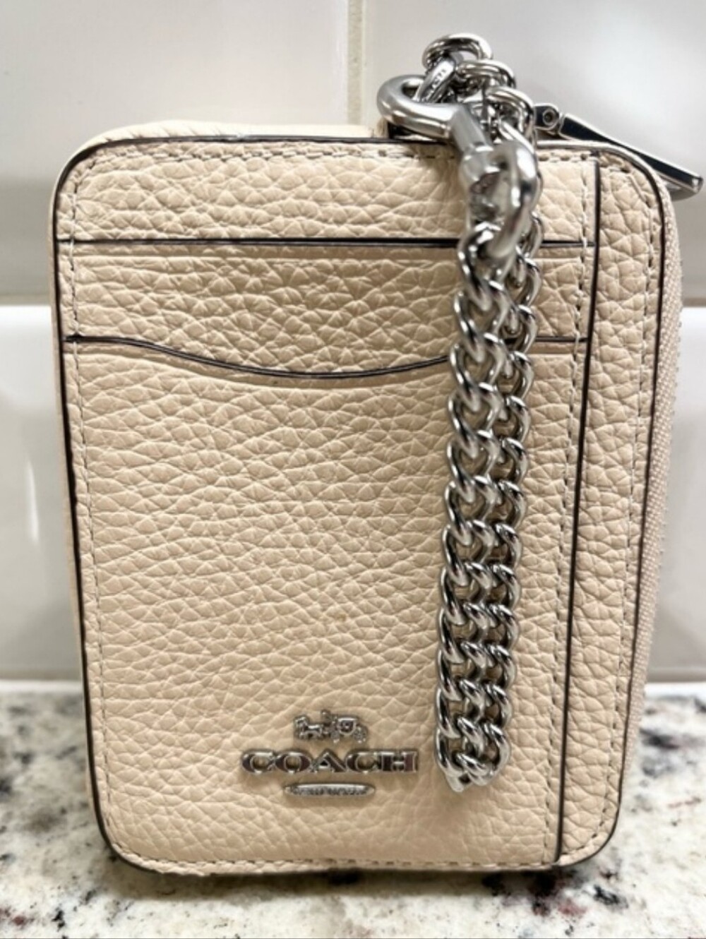 Coach Zip Card Case with Chain Ivory Refined Pebble Leather NWT Style 6303